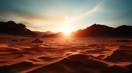 Naklejka premium A captivating desert scene captures the beauty of sunset over rocky terrain, with vibrant colors and dramatic lighting enhancing the natural shapes of the landscape.