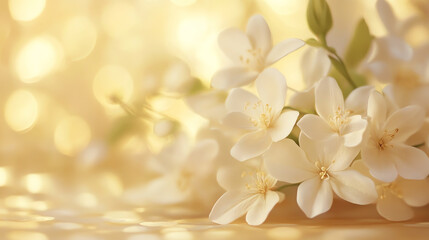 Delicate white jasmine flowers in warm golden light. Ideal for natural beauty products, aromatherapy, and elegant spa marketing materials.