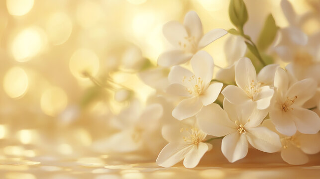 Fototapeta Delicate white jasmine flowers in warm golden light. Ideal for natural beauty products, aromatherapy, and elegant spa marketing materials.