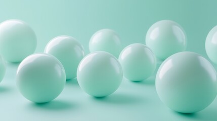 Polished mint green spheres arranged artistically on a smooth surface in a calming setting