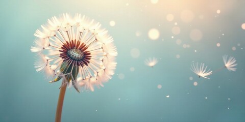 A serene close-up of a dandelion seed head, delicate and ethereal, with softly blurred background and floating seeds