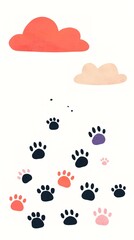 A whimsical illustration featuring colorful paw prints scattered beneath soft clouds, evoking a playful and cheerful atmosphere.