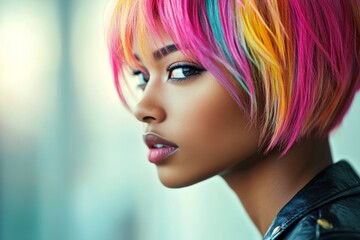Fototapeta premium Short haircut - multicolored hair. Commercial marketing visual design idea. Attractive calm black girl - for ads, magazine ad and social online ad marketing use. Elegant black ads.