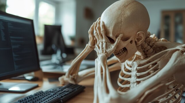 A skeleton depicting frustration while sitting at a desk full of technology, symbolizing common workplace stress and the humorous side of modern life in a relatable manner.