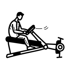 Fototapeta premium A man doing exercise on rowing machine, hand drawn icon