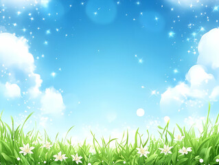 Obraz premium Spring Meadow Illustration, Blue Sky Background