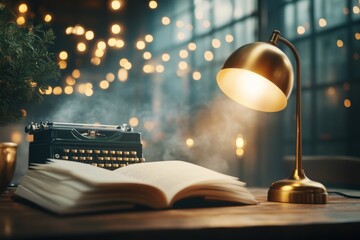 A writer desk illuminated by a vintage desk lamp, with a typewriter in the spotlight