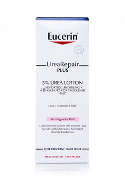 LONDON, UK - DECEMBER 02, 2024: Box of Eucerin urea repair plus 5 percent urea lotion on white background.