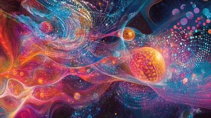 Quantum science concepts illustrated with abstract patterns of entangled particles and data flowing through quantum systems