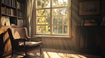 Sunlit room with armchair, bookshelves, and window.