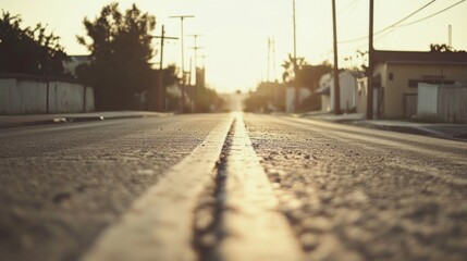 Sunlit residential street vanishing point.