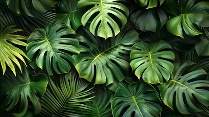 lush, dark green leaves, highlighting their vivid texture and natural beauty. The leaves overlap, creating a rich, tropical feel with vibrant contrast and a sense of depth.