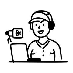 A hand drawn icon depicting broadcaster with mic and headphones