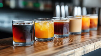 This image showcases an inviting display of various drink glasses on a polished wood counter, highlighting the delightful colors and textures of the beverages served.