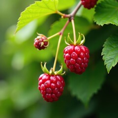 Raspberries hang from a bush with yellowing leaves, stems, berries, foliage
