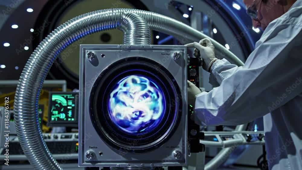 Poster exploring advanced technology in a futuristic laboratory setting with dynamic visual effects