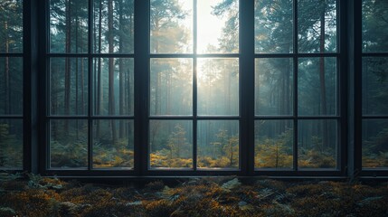 Tranquil Forest View Through Large Window at Sunrise with Mist
