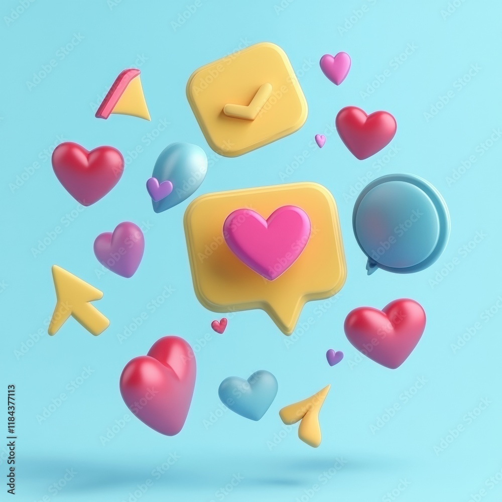 Poster floating 3d chat bubbles, hearts, and arrows create playful interaction in a vibrant blue background