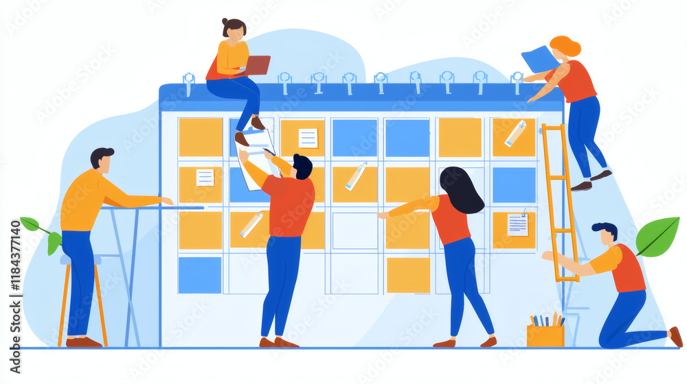 Poster a group of employees working collaboratively with well-organized schedules stock photo with side cop