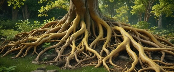 A tangled mess of yellow-hued tree roots on a lush green background, natural, foliage
