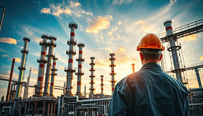 Back view of an engineer inspecting the industrial pipeline oil and gas on site