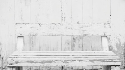 Weathered white wooden bench against a rustic white wooden wall.
