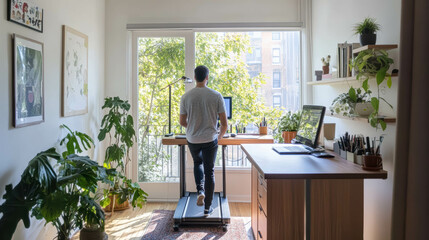 Caucasian Man Walking on a Treadmill Desk in a Modern Home Office. Healthy Remote Working