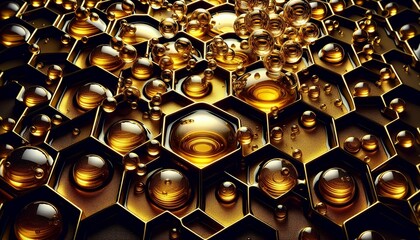 Golden honeycomb cells filled with glistening honey and bubbles showcasing the intricate and natural beauty of honey production. The hexagonal pattern and reflective surfaces