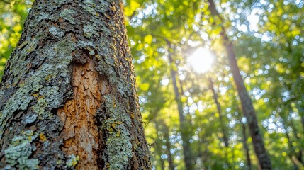 Obraz premium Sunlight Filtering Through Leaves on Tree Bark in Forest Setting