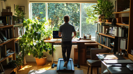 Caucasian Man Walking on a Treadmill Desk in a Modern Home Office. Healthy Remote Working