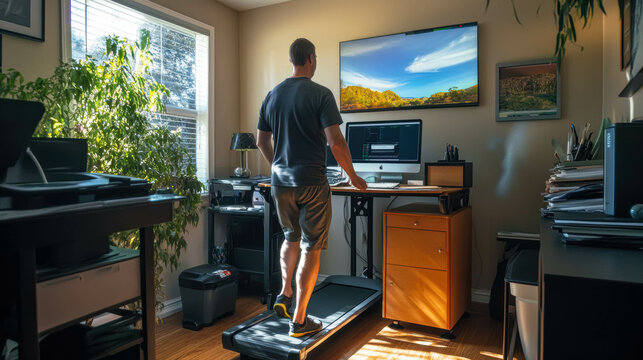 Caucasian Man Walking on a Treadmill Desk in a Modern Home Office. Healthy Remote Working
