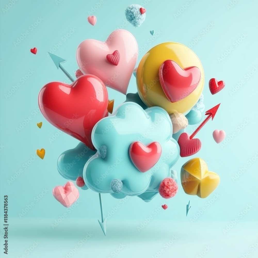 Poster Floating 3D chat bubbles, hearts and arrows create a vibrant display in pastel colors in a whimsical digital art composition. Generative AI