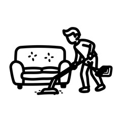 A person cleaning room with vacuum cleaner, hand drawn icon