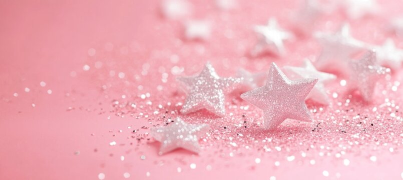 Enchanting pink background with sparkling white stars, perfect for Valentine's Day banners or web headers. Dreamy and romantic design with copy space.