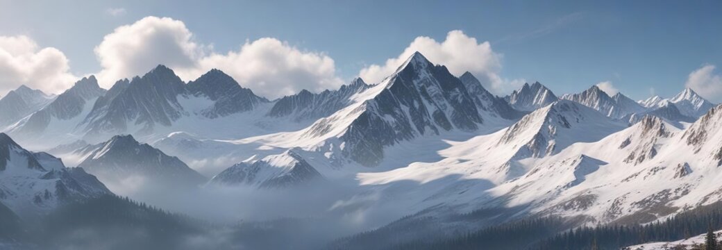 Snowy mountain range with misty air and snow-covered peaks, snowy scene, air, mountain