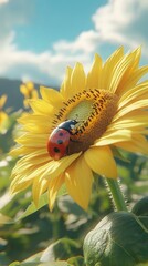 Ladybug Crawling Gently on Sunflower Petals