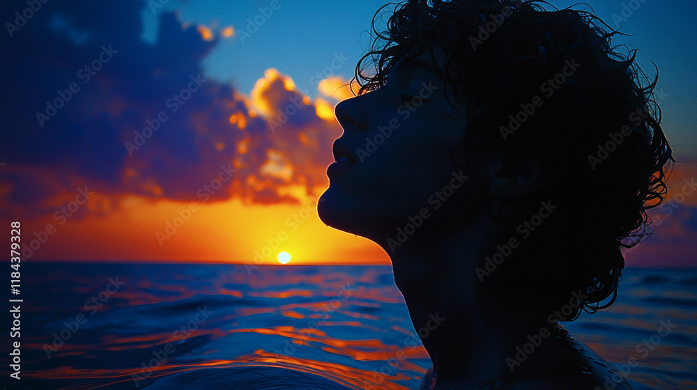 Poster A person gazing at the horizon symbolizing introspection and self-reflection Self-reflection Stock Photo with side copy space