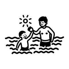 A doodle style icon depicting father and son swimming together