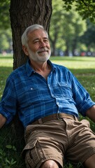 Obraz premium A grandfather in a blue checkered shirt with brown cargo shortsrelaxing under a tree in the park