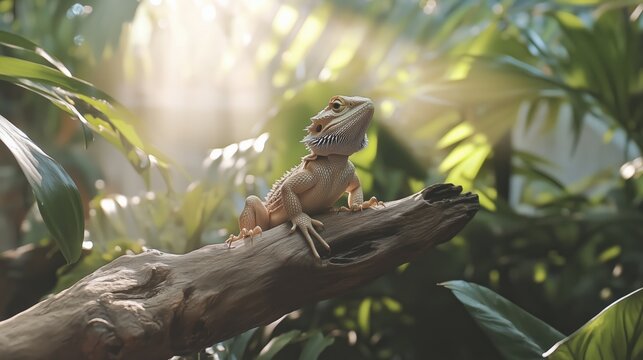 A Lizard Sitting on Top of a Tree Branch in the Sun - Generative AI