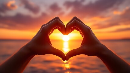 Male making heart shape hand in a beautiful sunset nature setting. Love and compassion concept