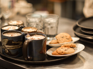 Restaurant Cafe Bakery Serving Food Tray Hot chocolate and chocolate chip cookies 