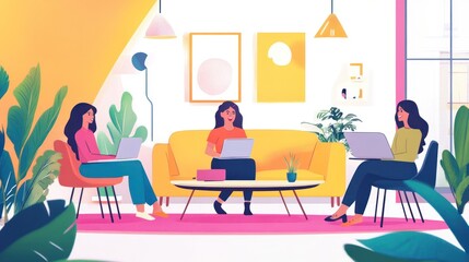 Three Young Women Collaborate in a Vibrant and Modern Coworking Space