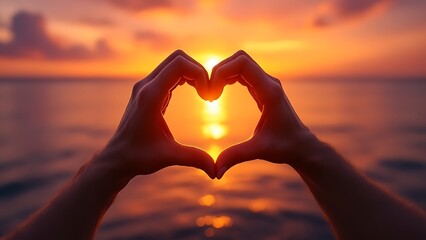 Male making heart shape hand in a beautiful sunset nature setting. Love and compassion concept