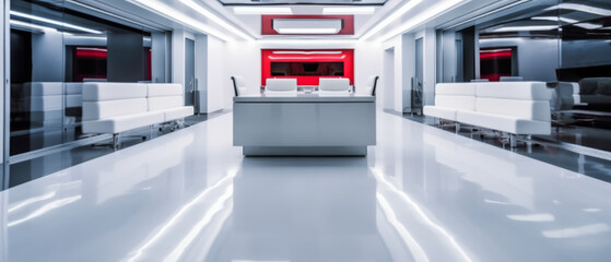 A wide-angle shot of an elegant office featuring soft red curtains, a white desk with polished chrome legs, and gray leather chairs. 