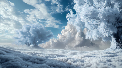 Frozen landscape with snowcovered trees and ice formations. Frostleaf. Illustration