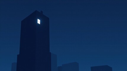 A single illuminated window in a tall building at night against a dark blue sky