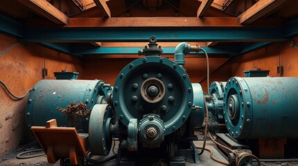 Obraz premium An industrial machinery room featuring large, blue mechanical components and pipes against a textured, orange wall.