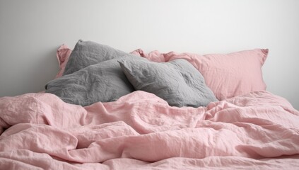 Minimalist bedroom with pink linen bed, grey pillows, pastel pink and gray tones, and white background.