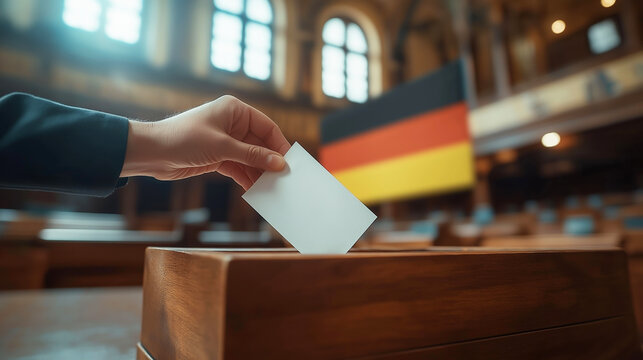 Parliamentary elections in Germany. In the foreground is a ballot box, symbolizing the voting process. Germany flag background